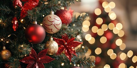 A beautifully decorated Christmas tree with red and gold ornaments, lights, and a star-shaped ornament in the foreground, with a blurred background of a Christmas tree with lights.