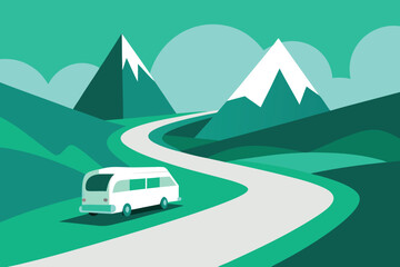 White Van on Winding Road Surrounded by Green Hills and Mountains with Snowcaps Illustration