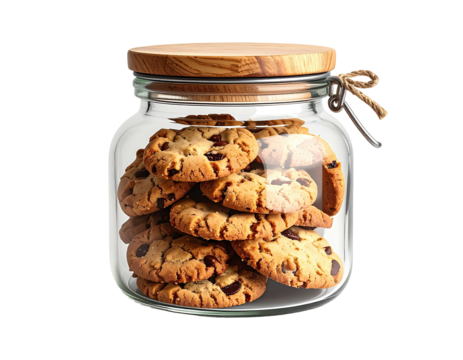 A glass jar filled with freshly baked chocolate chip cookies, wooden lid