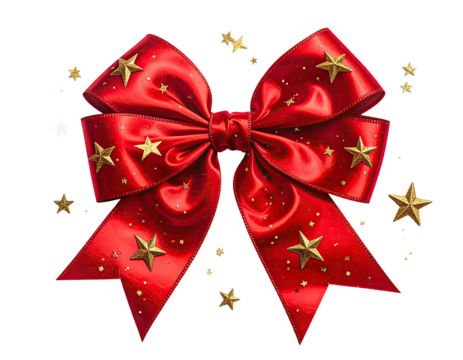 Festive red satin bow, gold stars, against a black background, celebratory feel