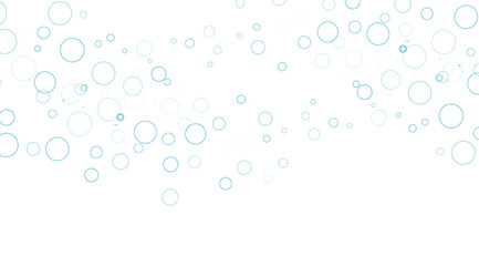 A light and airy design features teal circular outlines of varying sizes scattered across a crisp white background, creating a delicate and clean geometric pattern