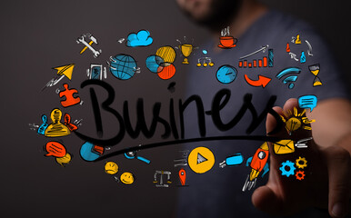 Businessman interacting with a futuristic digital interface showing numerous colorful icons representing diverse business concepts, strategy, an