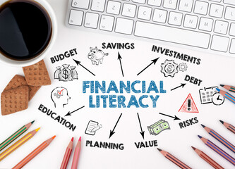 Financial Literacy Concept. Chart with keywords and icons. White office desk