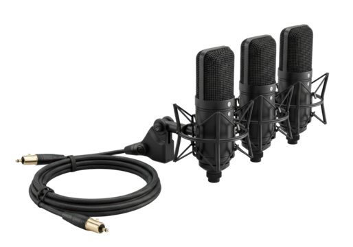 Three identical matte black studio condenser microphones in shock mounts with a coiled audio cable, precisely arranged on transparent background, concept of audio equipment excellence