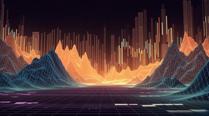 Futuristic digital landscape with glowing grid ground and mountains formed by 3D bar charts and stock candlestick graphs — symbolizing data, finance, and innovation. - Powered by Adobe