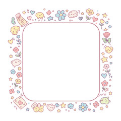 Cute, pastel-colored frame with cartoon flowers, hearts, stars, and other whimsical elements surrounding a blank square space.