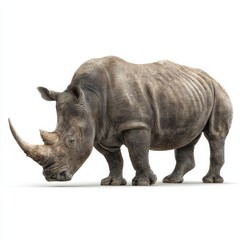 Obraz premium A majestic rhinoceros stands tall, showcasing its impressive horn and thick skin. The image highlights the rhino's power and resilience in the wild