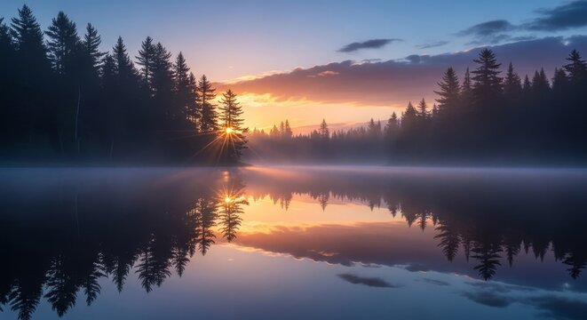 Forest lake at dawn