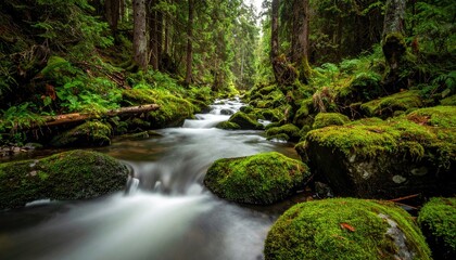 Fototapeta premium Detailed Close Up of Pine Branches with Raindrops Reflecting Soft Diffused Light in Forest With Shallow Focus on Natural Greenery