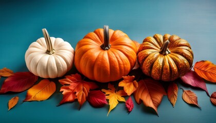 Colorful Autumn Pumpkins Arranged On A Decorative Background With Fallen Leaves For Seasonal Decor