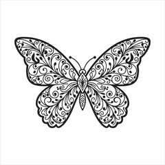 Intricate butterfly mandala line art with ornamental wings detailed coloring-book style vector illustration design