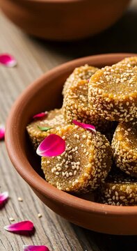 Tilgul laddu with sesame and jaggery, an Indian sweet for Makar Sankranti holiday, presented in a bowl, footage