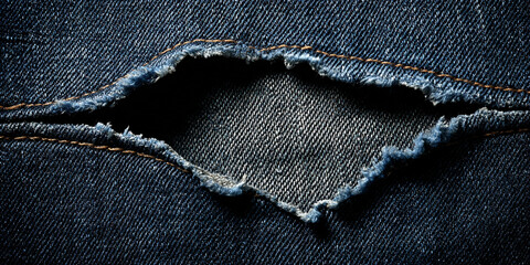Closeup of ripped denim jeans with frayed tear - AI generated