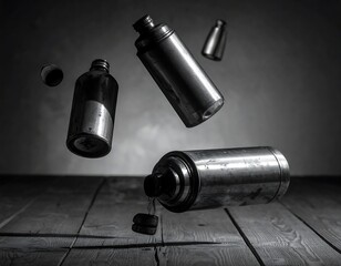 Metal water bottles in mid-air, dramatic lighting