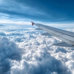 Obraz premium An airplane wing soaring above a sea of clouds in the blue sky. A unique perspective of travel, with the vibrant colors of the sky contrasting with the wing. 
