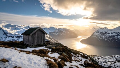Mountain cabin at sunset over fjord