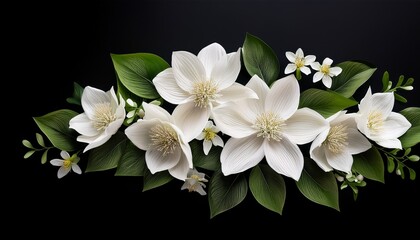 Flower Garland Isolated Clipart Floral Arrangement With White Flowers And Green Leaves On A Black Background