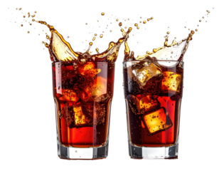 Two glasses of cola with ice, mid-splash, against a black background