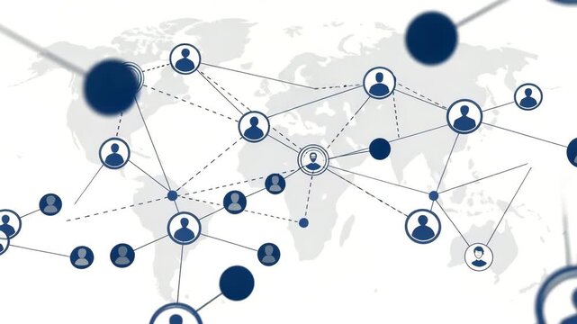 Global social network connection structure with user avatars linked by data lines over a world map background - Powered by Adobe