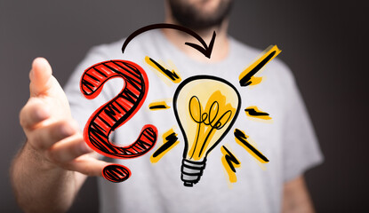 Conceptual image symbolizing the transformation from a perplexing question to a brilliant idea and innovative solution. Perfect for problem-solv