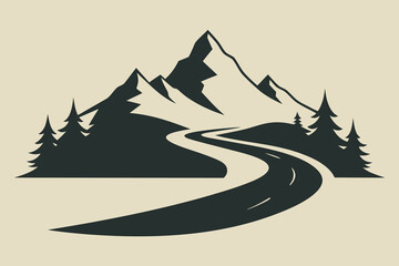 Winding Road Leading to Mountain Peaks Silhouette with Evergreen Trees in Monochrome Style