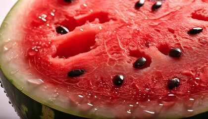 Closeup Of Sliced Watermelon Showing Red Flesh And Black Seeds With Juicy Texture