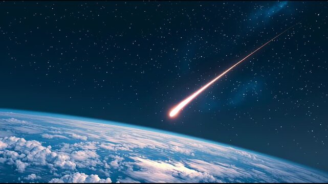 Glowing meteor entering earth's atmosphere, creating a bright trail against the backdrop of space and starry sky, with earth's clouds visible below - Powered by Adobe