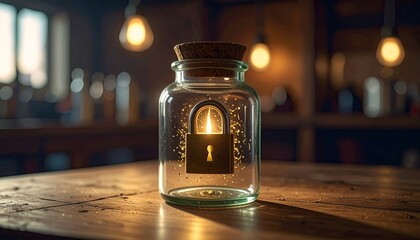 Illuminated Padlock Encapsulated in Glass Jar Resting on Rustic Wooden Table with Warm Candlelight in Soft Focus Background in Atmospheric Still Life Setting