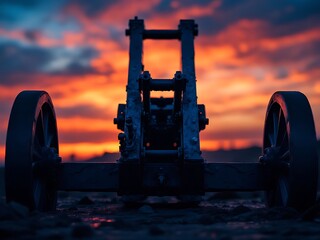Industrial equipment silhouetted against a dramatic sunset sky, evoking a sense of industrial heritage and twilight ambiance
