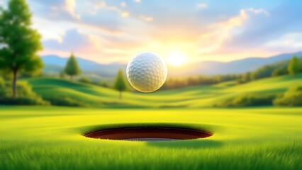 Golf Ball Precision A Stunning Shot Over the Green into the Hole at Sunset