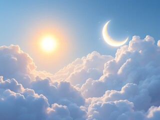 Celestial Harmony A Breathtaking Cloudscape Featuring the Sun and Moon in a Serene Sky