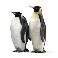 Fototapeta premium Two emperor penguins stand side by side, showcasing their distinctive black and white plumage and elegant stance. The image captures the essence of their natural beauty.