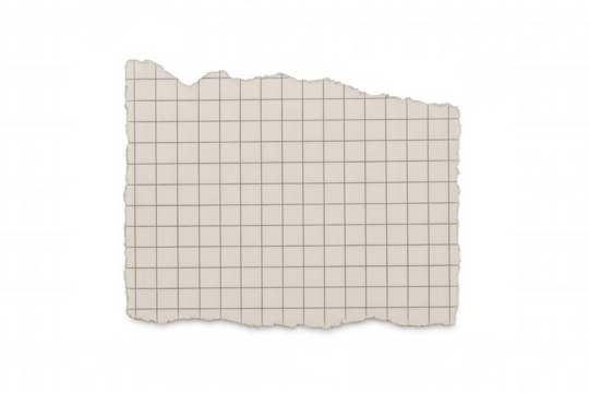 Torn graph paper piece with grid lines, blank squared note scrap, distressed edges for texture element design