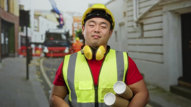 Young man in construction gear making a teasing gesture on a city street, holding blueprints, wearing a hard hat, and safety vest, evoking urban architectural themes.