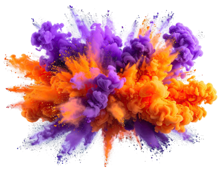 Vivid abstract explosion of purple and orange colored smoke on a black background