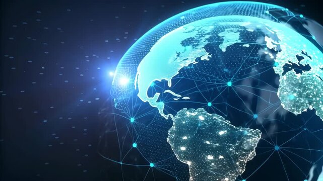 Glowing digital Earth globe showing global connectivity, telecommunication links, and worldwide data exchange network.