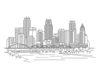Detailed line art depicting an urban skyline with a prominent bridge and cityscape vista