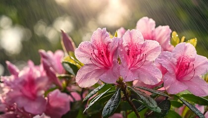 Pink Azalea Flowers Blooming In The Rain