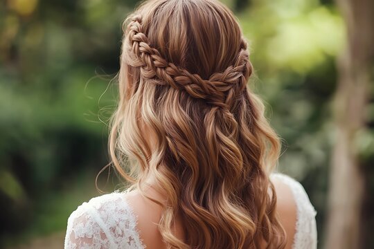A chic half-up, half-down bridal hairstyle with soft, flowing curls and a subtle braid at the crown 
