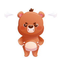 Funny angry cute bear on a white background. Cartoon children's vector illustration for the design of postcards, cards, clothes, textiles, stickers.