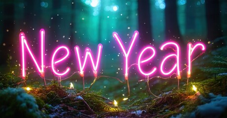 Bright neon text spells New Year amidst forest setting. Lights sparkle, creating festive mood. Dark background enhances glow.