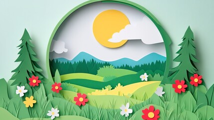 Fototapeta premium A colorful paper cut-out landscape featuring mountains, trees, flowers, and a sun, creating a cheerful, vibrant scene.