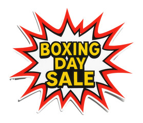 Starburst sticker featuring BOXING DAY SALE in bold yellow letters, vibrant retail sale offer on transparent background.