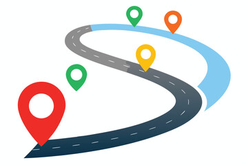 Winding Road with Colored Map Pins Showing Points of Interest on a Journey