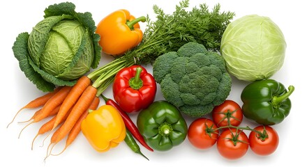 Colorful Fresh Organic Vegetables Isolated on White: Bell Peppers, Cabbage, Carrots, Broccoli, Tomatoes.