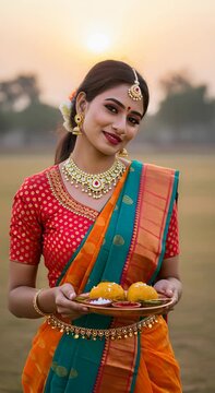 Happy young Indian woman in traditional saree with festive thali for religious celebration in an outdoor field, cinematic footage