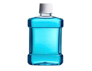 A rectangular, transparent bottle filled with blue liquid, with a white cap