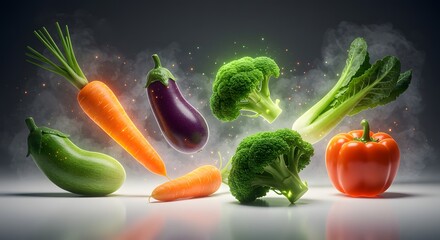 Enchanted Harvest: A Dynamic Display of Levitating Vegetables in a Mystical Glow