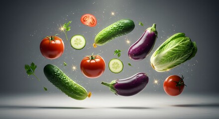 Floating Freshness: Vibrant Vegetables in Mid-Air with Sparkling Accents