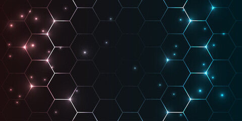 Abstract dark hexagon background with sparkling particles. Realistic abstract vector bg with honeycomb for bio, medical, science, technology.